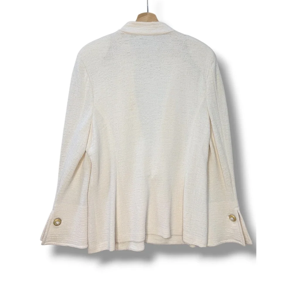 St John Cream Textured Knit Blazer Jacket Gold Pearl Button Flare Sleeve Size 14